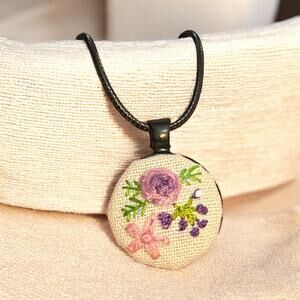 Tiny Purple Embroidered Flowers Charm Necklace in Black Nezel